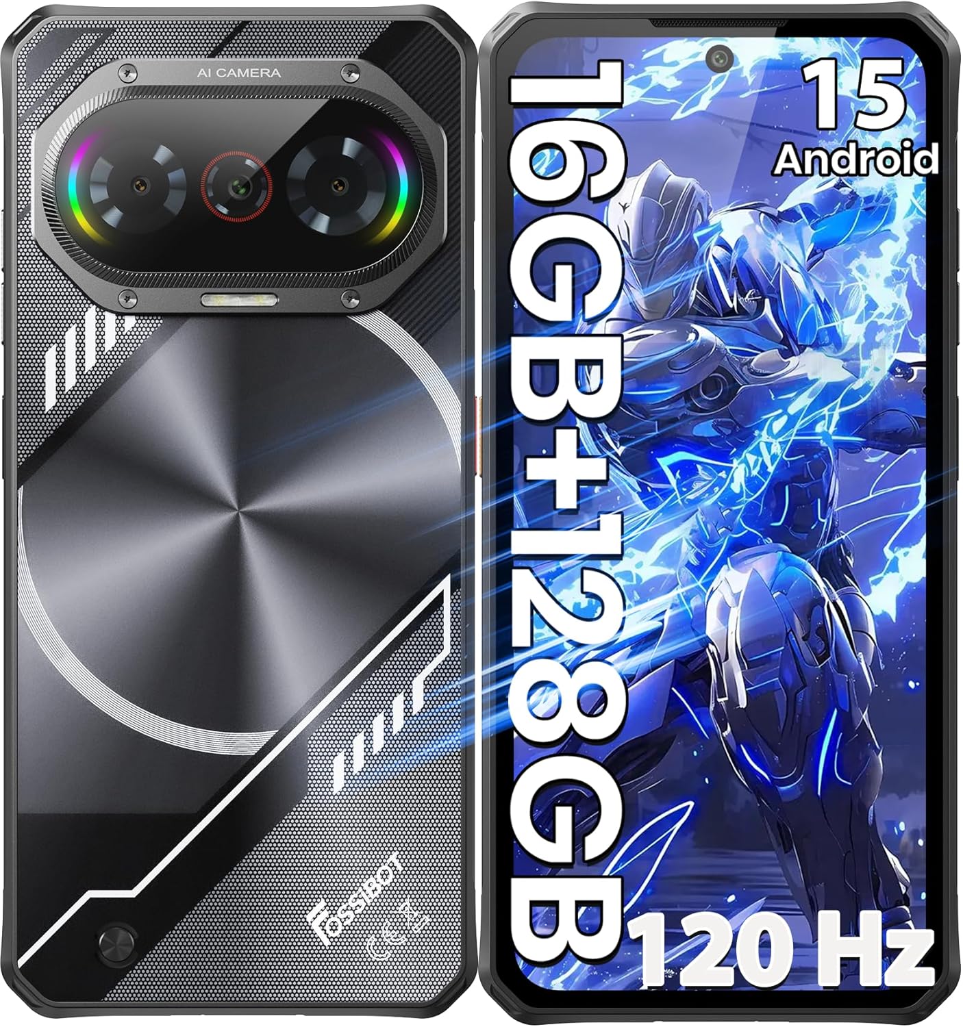 FOSSIBOT 2026 F114 Rugged Phone Unlocked, 16GB RAM128GB+2TB ROM, 6.67" 120Hz HD+ Display,Android 15 CellPhones,50MP AI Camera, IP68/IP69K Waterproof Phone, NFC,Outdoor Gaming Smartphone,Black