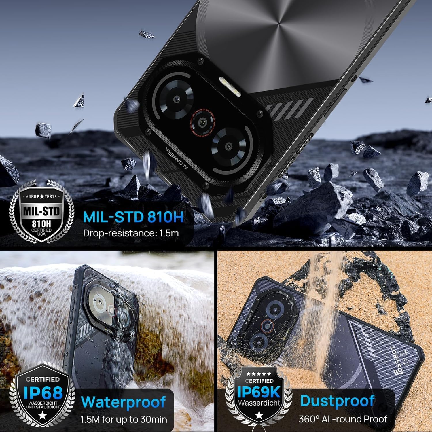 FOSSIBOT 2026 F114 Rugged Phone Unlocked, 16GB RAM128GB+2TB ROM, 6.67" 120Hz HD+ Display,Android 15 CellPhones,50MP AI Camera, IP68/IP69K Waterproof Phone, NFC,Outdoor Gaming Smartphone,Black - Image 6