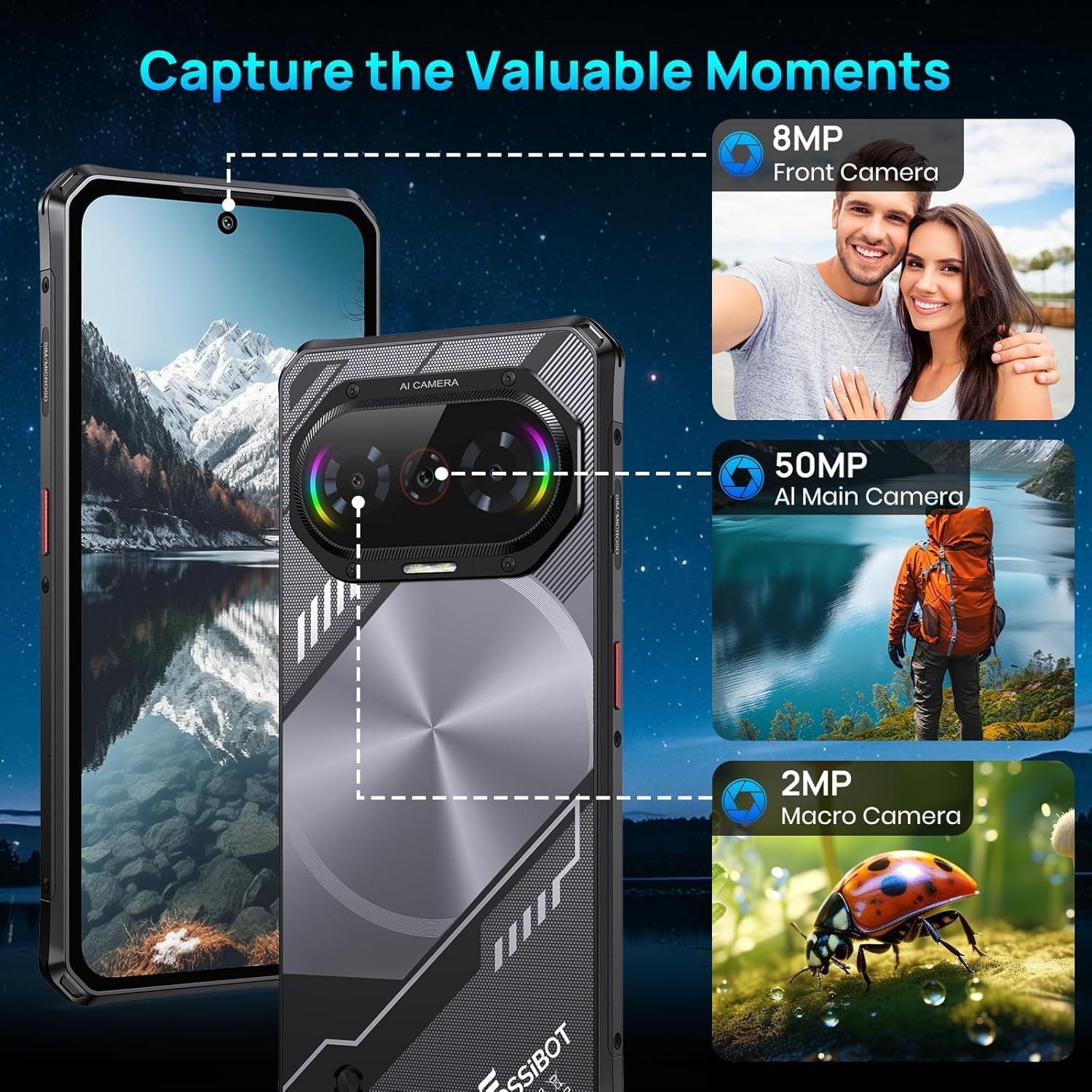 FOSSIBOT 2026 F114 Rugged Phone Unlocked, 16GB RAM128GB+2TB ROM, 6.67" 120Hz HD+ Display,Android 15 CellPhones,50MP AI Camera, IP68/IP69K Waterproof Phone, NFC,Outdoor Gaming Smartphone,Black - Image 7
